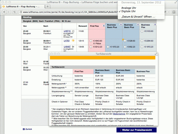 Verwirrend: Zweimal der gleiche Tarif mit unterschiedlichen Konditionen, Quelle: Online-Buchung bei Lufthansa