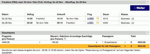 Frankfurt – Tel Aviv Flugauswahl in NEK First Class, Buchungsklasse: J, Flugdaten: 22.11.12 – 29.11.12, Aufnahme: 06.09.12, Quelle: Flugbuchung auf http://www.lufthansa.com